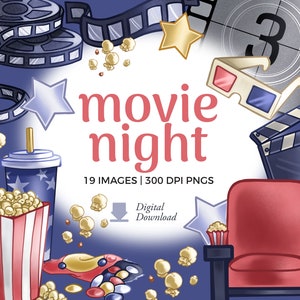 Ilustraciones de imágenes prediseñadas de cine / Noche de cine PNG Descargar / Palomitas de maíz, proyector de películas png, imagen de gafas 3d, archivos de imágenes para uso comercial