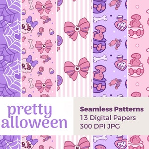 Hübsches Halloween Muster | Kawaii Digitales Papier | Gruselige süsse Seiten, Geist, Schädel und Hexe Digitales Papier, Scrapbooking Set