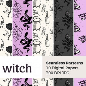 May include: A set of 10 digital papers featuring seamless patterns with a witchy theme. The patterns include skulls, snakes, roses, potion bottles, cauldrons, and moths in black and white on a variety of backgrounds, including white, black, and light purple.