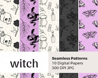 Witch Seamless Patterns: Skull, Roses, Snake & Cauldron (Digital Paper Pack)
