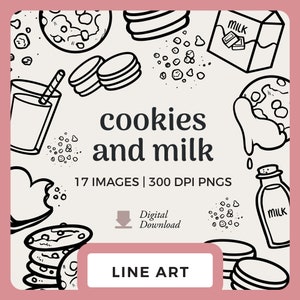 Milch und Kekse Line Art | Handgezeichnet Clipart Bilder | Digitale Briefmarken und Scrapbooking PNGs | Chocolate Chip und Sandwich Cookie Grafiken