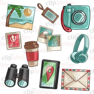 K&ouml;nnte beinhalten: Eine Sammlung von Illustrationen zum Thema Reisen. Enth&auml;lt eine t&uuml;rkisfarbene Kamera, Kopfh&ouml;rer und ein Tablet mit einer Kartenmarkierung. Au&szlig;erdem eine Kaffeetasse, ein Fernglas, eine Postkarte, ein Gep&auml;ckanh&auml;nger und eine Briefmarke.