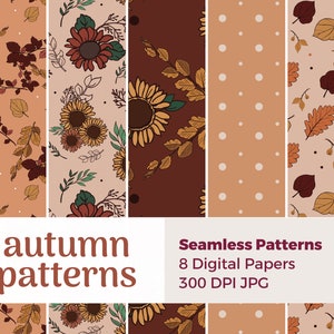 Modèles sans couture d'automne | Pack de papier numérique d'automne | Motifs tournesols, feuilles tombantes, papier floral numérique, jeu de papiers à répétition