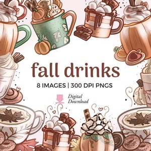 Ilustrações de clipart de bebidas de outono | Download instantâneo de PNG de café de outono | clipart de latte de especiarias de abóbora, imagem de chocolate quente, adesivos digitais fofos