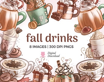 Fall Drinks Clipart: Pumpkin Spice Latte, Hot Cocoa PNG (Digital Download)