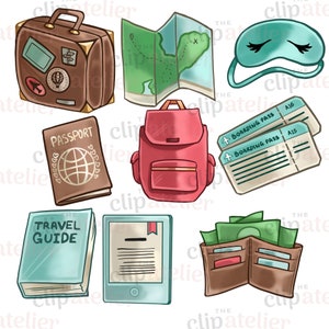 K&ouml;nnte beinhalten: Eine Sammlung von Illustrationen zum Thema Reisen. Enthalten sind ein brauner Koffer, eine gr&uuml;ne Karte, eine t&uuml;rkisfarbene Schlafmaske, ein Reisepass, ein roter Rucksack, zwei Bordkarten, ein Reisef&uuml;hrer, ein E-Reader und eine braune Geldb&ouml;rse.
