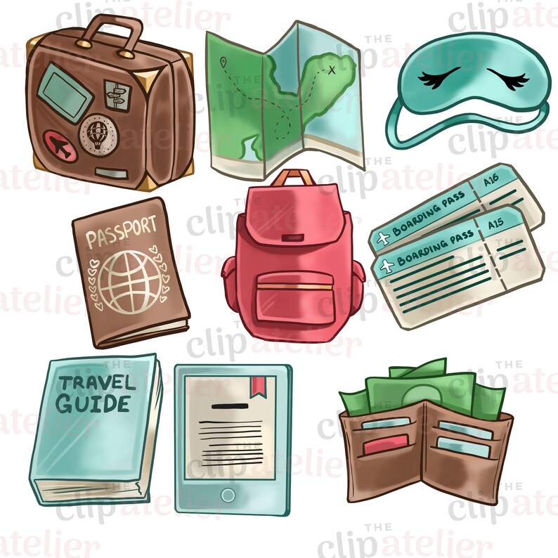 K&ouml;nnte beinhalten: Eine Sammlung von Illustrationen zum Thema Reisen. Enthalten sind ein brauner Koffer, eine gr&uuml;ne Karte, eine t&uuml;rkisfarbene Schlafmaske, ein Reisepass, ein roter Rucksack, zwei Bordkarten, ein Reisef&uuml;hrer, ein E-Reader und eine braune Geldb&ouml;rse.