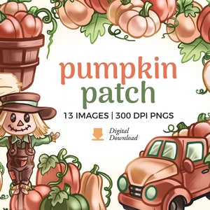 Peut inclure: Une illustration numérique d'une citrouille avec un camion rouge, un épouvantail et des citrouilles de différentes couleurs et tailles. Le texte "pumpkin patch" est écrit en lettres vertes et orange. Le texte "13 IMAGES | 300 DPI PNGS" est écrit en lettres noires. Le texte "Téléchargement numérique" est écrit en lettres noires.