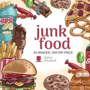 Junk Food Clipart Illustrations | Fast Food PNG Download | Burger and Fries, Taco and Burrito, Pizza image, Chips and Soda Pop illustrations