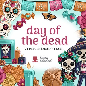 Dag van de Doden Clipart-illustraties | Dia de los Muertos PNG-download | Sugar Skull-clipart, gitaarafbeelding | papel picado, png, goudsbloemen