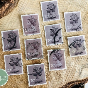 set di francobolli postali / set di 10 / viola chiaro / 20p Regina Elisabetta Gran Bretagna / anni '80 / francobolli postali d'epoca annullati britannici