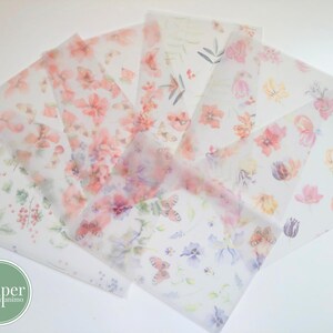 Pergamentpapier Set | DIN A5 | Schmetterlinge & Frühlingsblumen | Flora und Fauna | Scrapbooking Papier | Kartenherstellung Kraftpapier | 7 Bögen | 7 Designs
