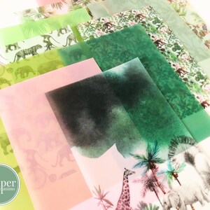 Juego de papel vitela / A5 / Plantas y animales de la jungla / Papel para álbumes de recortes / Papel para diario / Papel para manualidades para hacer tarjetas / 12 hojas / 12 diseños
