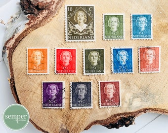 vintage Queen Juliana postal stamp set | Nederland 10c 5c 6c 12c 15c 20c 25c 30c 45c 60c | 1940-50s | Netherlands | canceled Dutch stamps