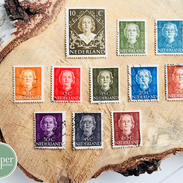 vintage Queen Juliana postal stamp set | Nederland 10c 5c 6c 12c 15c 20c 25c 30c 45c 60c | 1940-50s | Netherlands | canceled Dutch stamps