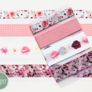 Washi-voorbeeldkaart | Rozen | Gebloemde washi | Bloemen | Paars | Roze | Stippen | Goudfolie