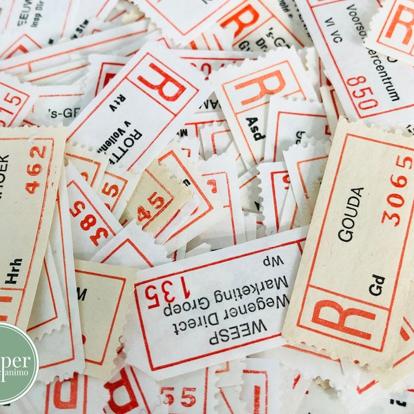 bundle of vintage Dutch registered postage mail labels | vintage paper bundle | scrapbooking ephemera | red & white labels | city names