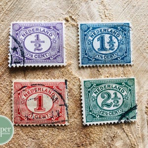 Anni 1800 / francobolli olandesi d'epoca / Paesi Bassi / 1/2 cent viola / 1 1/2 cent blu / 1 cent rosso / 2 1/2 cent verdi / francobolli postali d'epoca annullati