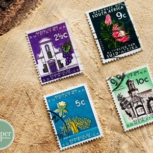 set di francobolli postali / francobolli annullati vintage / 5c RSA Baobab / 2 1/2c RSA Groot Constantia / Republiek van Suid-Afrika / Sud Africa / 1961