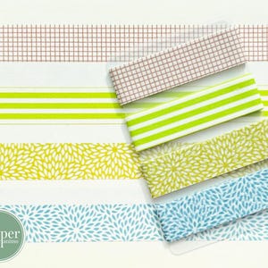 Washi-voorbeeldkaart | MT-washi | raster | bladeren | geometrisch | strepen | groen | bruin | blauw