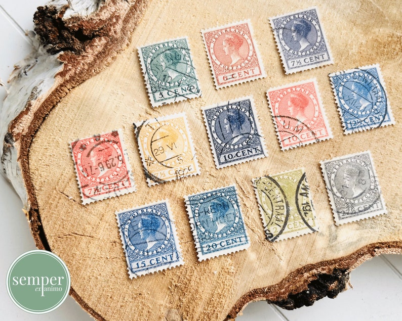 rare find vintage Queen Wilhelmina postal stamp set 1920s Nederland 5 cent 6 cent 7 1/2 cent etc. canceled mail stamps Netherlands image 1