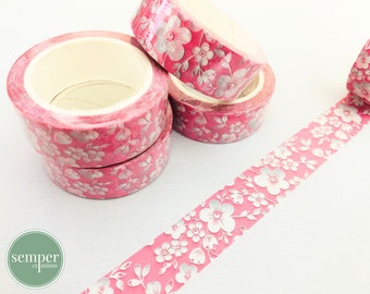 1 roll pink washi with white flowers | paper tape | masking tape | nature | floral | flora | cherry blossoms | 10m long 1.5cm wide