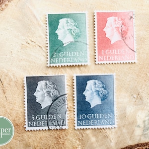 Regina Giuliana Regina / set di francobolli olandesi d'epoca / Nederland 1 2 5 10 Gulden / anni '50 / francobolli postali d'epoca annullati / effimeri artigianali