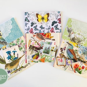 Kit de diario de primavera grande / A5 / Papel vitela / Páginas de libros antiguos / Recortes / Verkade y naipes / Flores, pájaros, bulbos