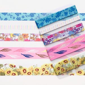 Washi-voorbeeldkaart | Bloemen | Gebloemde washi | Veren | Zonnebloemen | pastelstrepen | smalle washi | blauwe bloemen