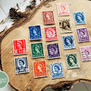 postal stamp set | set of 16 | mixed colors | vintage Queen Elizabeth Great Britain | 1950s | canceled vintage mail stamps