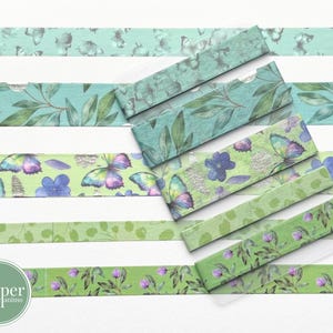 Washi-voorbeeldkaart | Vlinders en bladeren | Zomerse washi | Smalle wassing | Groen Blauw Paars | Tulp Washi | Zilverfolie-elementen