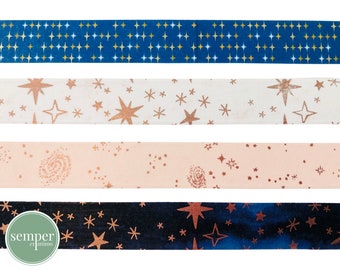 Washi Sample Card | Rose Foil & Gold Foil Stars | Sky Washi | Christmas Holiday | Universe | Dark Blue | Cream Pastel Pink