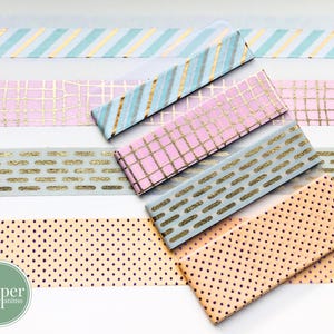 Washi-voorbeeldkaart | Geometrische patronen met folie | Stippen | Strepen | Raster | Lijnen | Folie-elementen