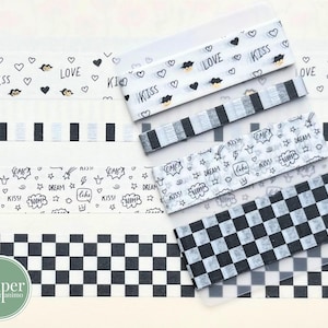 Washi-voorbeeldkaart | Zwart-wit | Goudfolie | Liefdesdoodles | Geometrisch | Smalle MT-washi met zilver | Monochroom
