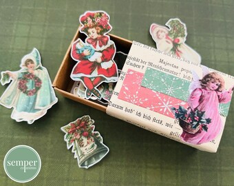 Vintage Style Christmas Winter Stickers in Handmade Gift Box | Journaling Stickers | Set of 15 hand-cut Stickers | Ephemera | Scrapbooking