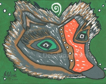Puede incluir: Una pintura abstracta colorida de la cara de un lobo con colores verde, naranja y marrón sobre un fondo verde. La pintura está firmada "Delphina Nova" y fechada "2020".