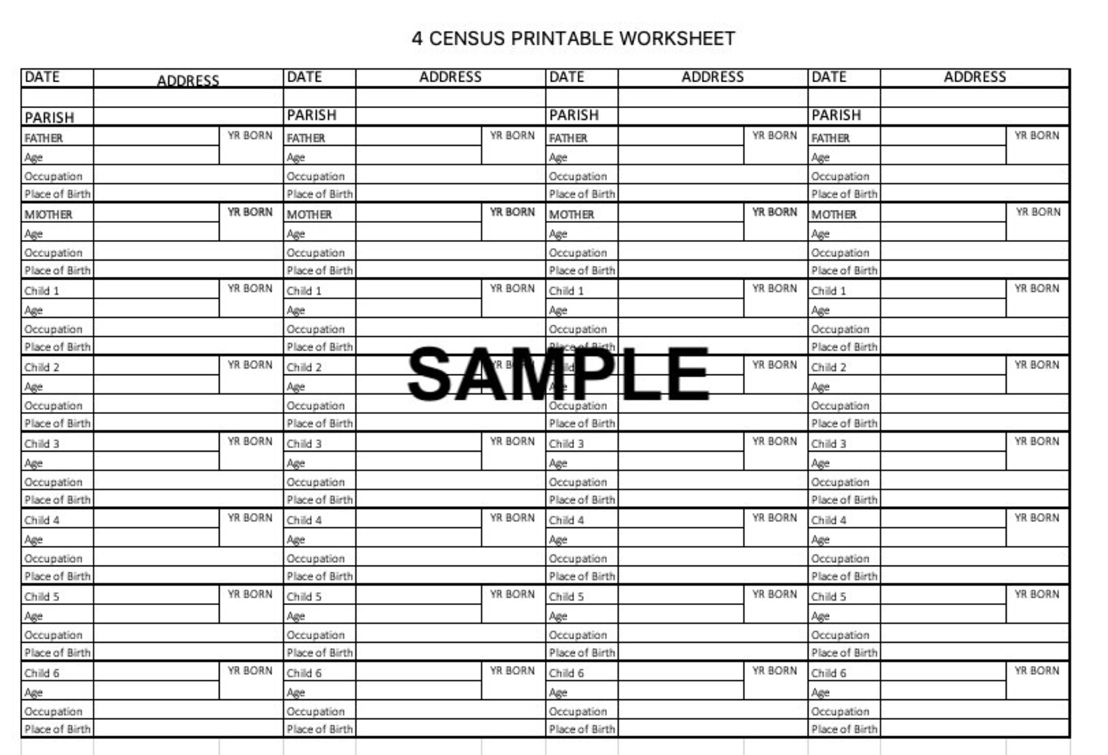 4 Census Printable Worksheet genealogy family history | Etsy
