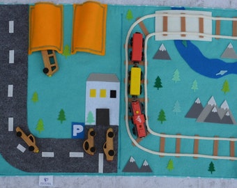 Fold Up Felt Play Mat for cars and trains, Train Track, Travel Toy, Car Rug, Train Play Mat, Train Birthday Gift, Imaginative Play, Play Rug