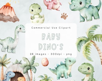 Cute Baby Dinosaur Clipart, Baby T-Rex Clipart, Commercial Use, Watercolor Prehistoric Clipart, Dinosaur Nursery, Kids Dino Illustrations