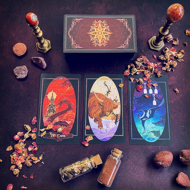 Three card spread, using: The Tower, Seven of Pentacles, and reversed Four of Cups.