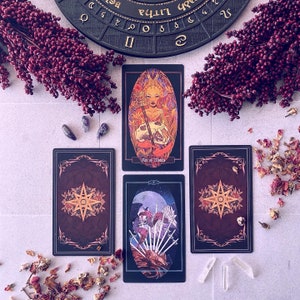 Ace of Wands and the Ten of Swords with mystery cards on both sides.