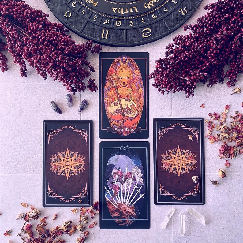 Ace of Wands and the Ten of Swords with mystery cards on both sides.