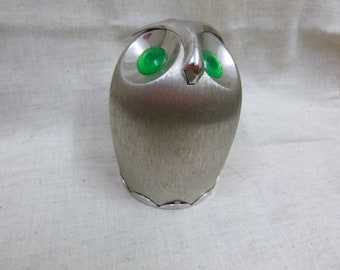 Napier Art Deco brushed aluminum green  eyed owl bank