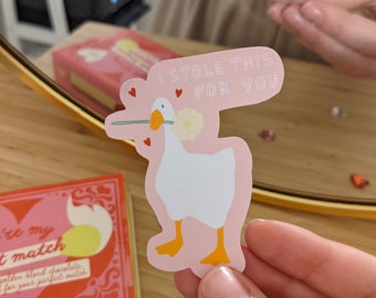 I Stole This Flower For You Goose Sticker/Valentine’s Day Romantic Sticker/ Cute Pink Birb Sticker/Untitled Goose Game Love Sticker