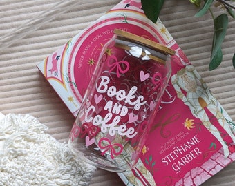 Books and Coffee Glass Cup / Bookish Libbey Can Glass / Pink Ribbons and Hearts Coffee Cup