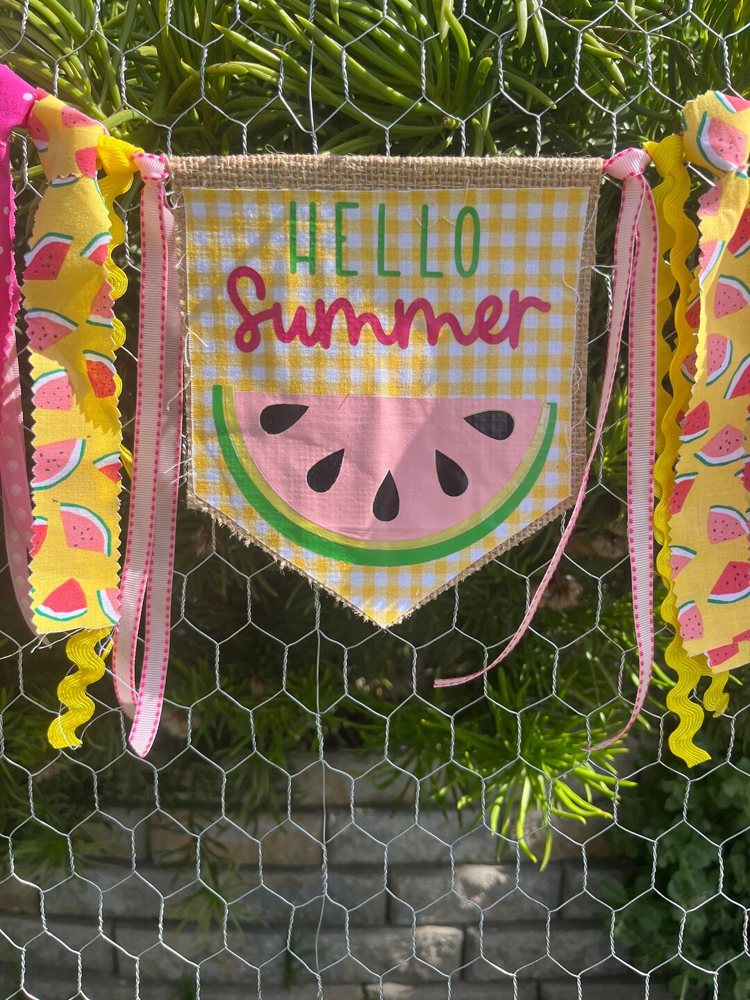 Yellow & Pink Watermelon Fabric High Chair Banner, High Chair Tutu, Cake Smash Photo Backdrop
