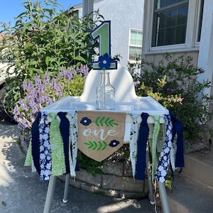 Navy Blue Flowers, First Birthday High Chair Banner, Cake Smash, Photo Prop, Backdrop