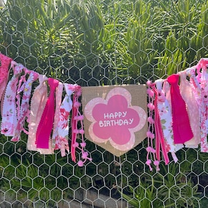 Bannière de joyeux anniversaire de chaise haute florale rose, anniversaire de fille, Tutu de chaise haute, gâteau Smash, toile de fond de photo