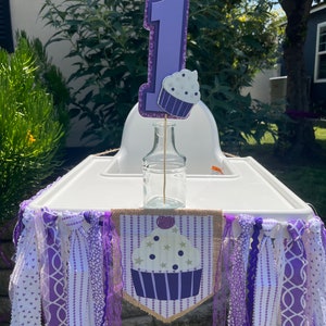 Purple Cupcake High Chair Birthday Banner, Tutu, Cake Smash, Photo Backdrop, Nursey/Baby Shower Decor
