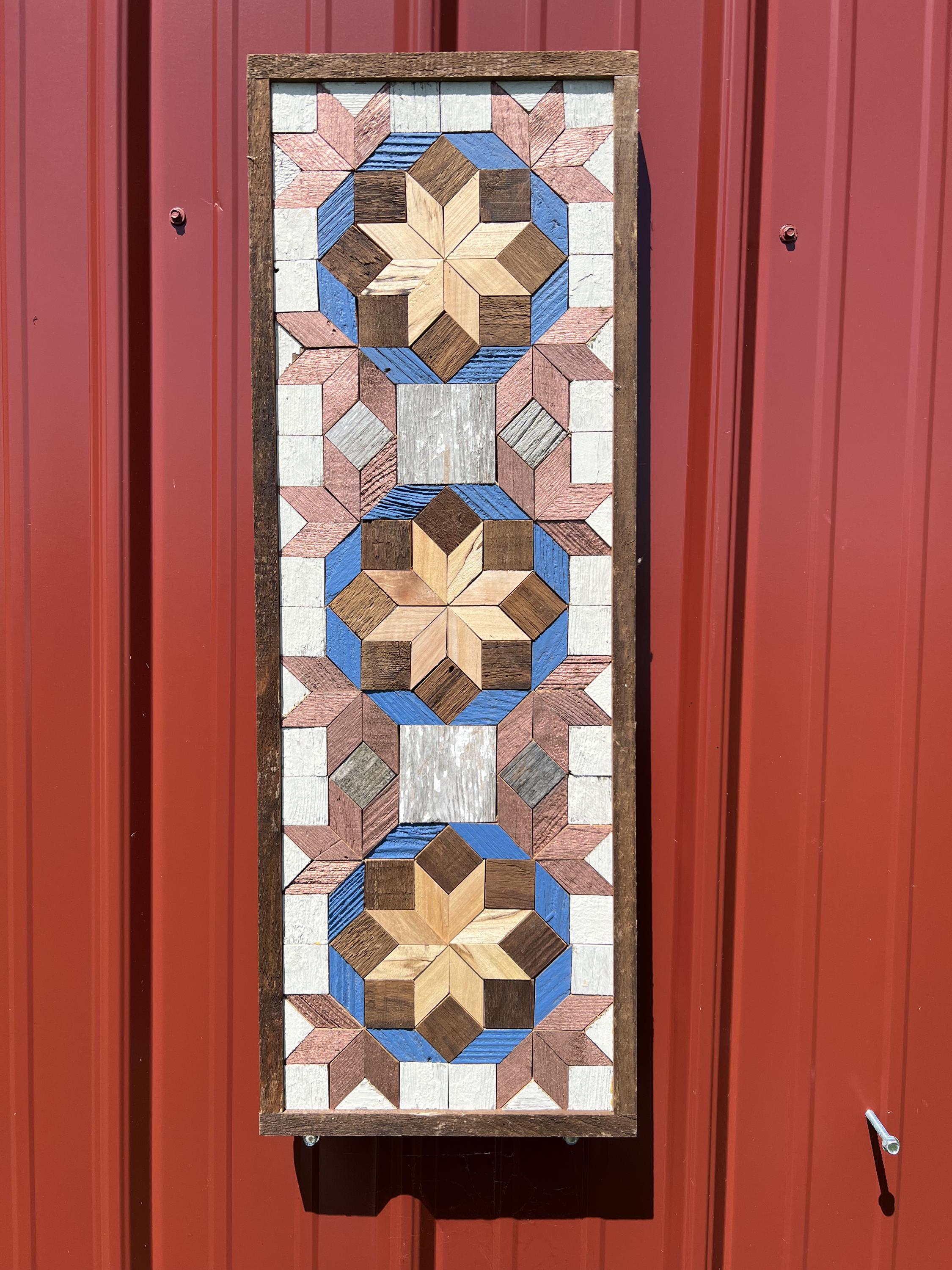 Amish Barn Quilt Wall Art 30 x 10.5 Blue and Bronze Flowers